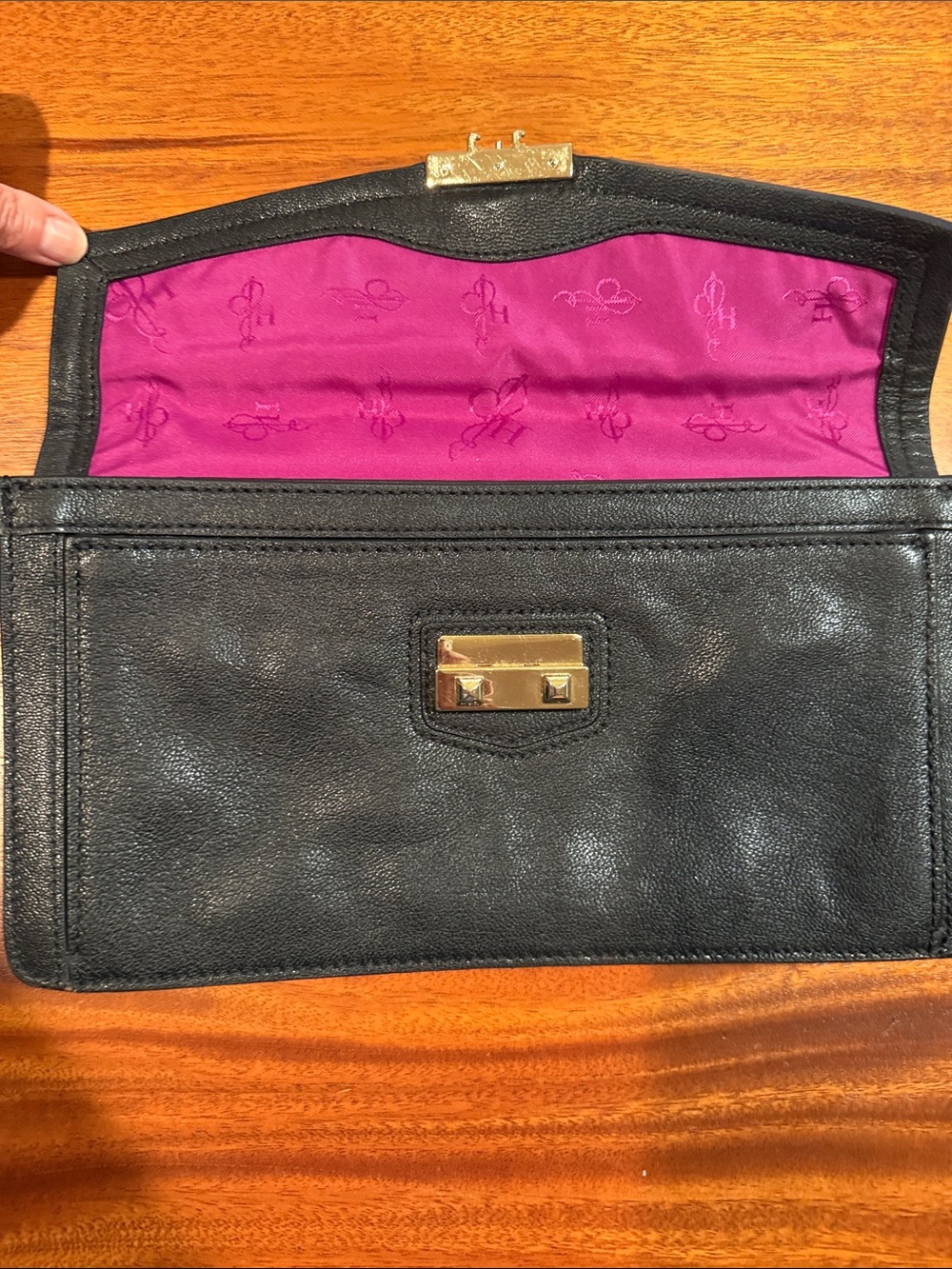 Cole Hahn Black Leather Envelope Clutch with Gold Hardware